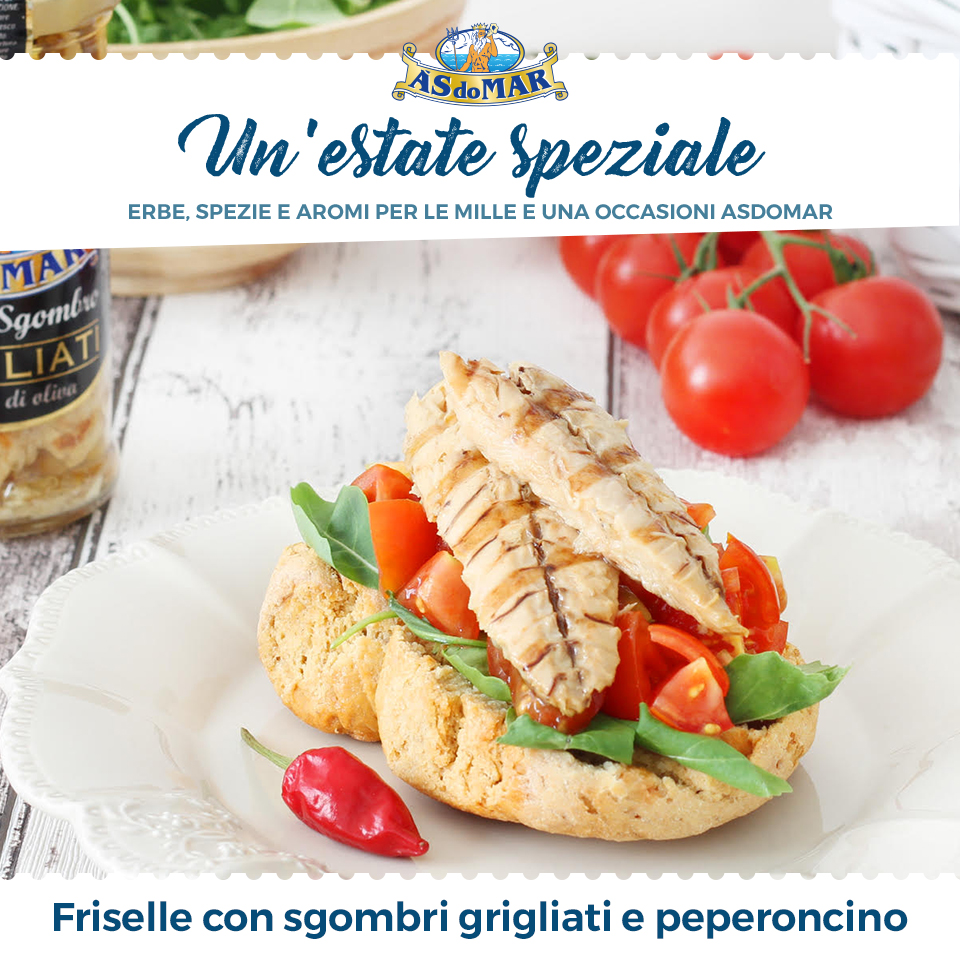 Un'Estate Speziale - Ricetta Friselle con rucola, pomodoro, peperoncino e sgombro grigliato